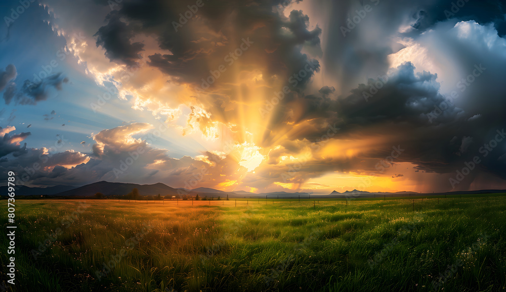 panoramic view of the sky at sunset, with dark storm clouds rolling in from behind and golden rays peeking through them
