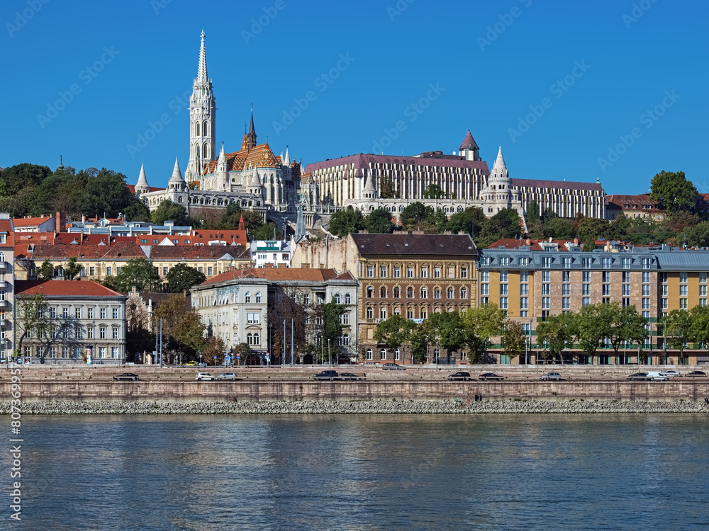 Budapest, Hungary. Matthias Church and Fisherman's Bastion. View from the Danube. The church was built in the second half of the 14th century and restored in the late 19th century.