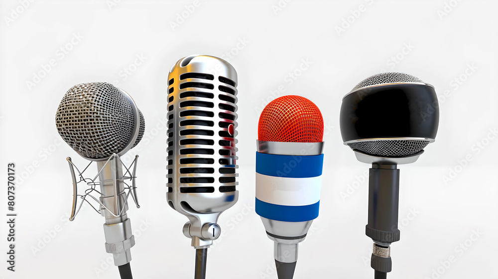 Variety of Microphones Displayed Side by Side for Comparison. Studio Equipment Concept. Audio Recording and Broadcasting Tools. Modern and Vintage Style Mics. AI