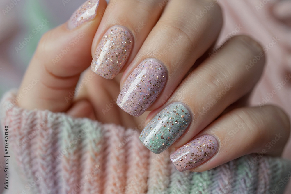 Elegant green glitter nail art on female hand with soft pastel sweater for chic style Elegant green glitter nail art on female hand with soft pastel sweater for chic style