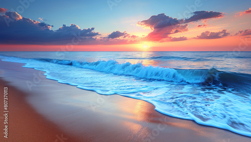 Beautiful seascape sunset. Composition nature. Majestic ocean waves scenic horizon. And idyllic summer coastline dramatic sky calm water. Scene relaxation . photo