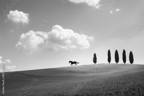 horse running free in the hills of the Crete Senesi in Tuscany, Italy, freedom, minimalist image, strength