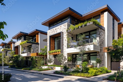 Modern multifamily home exterior showcasing clean architectural lines, a mix of natural wood and stone facades, and lush landscaping. © Sajida
