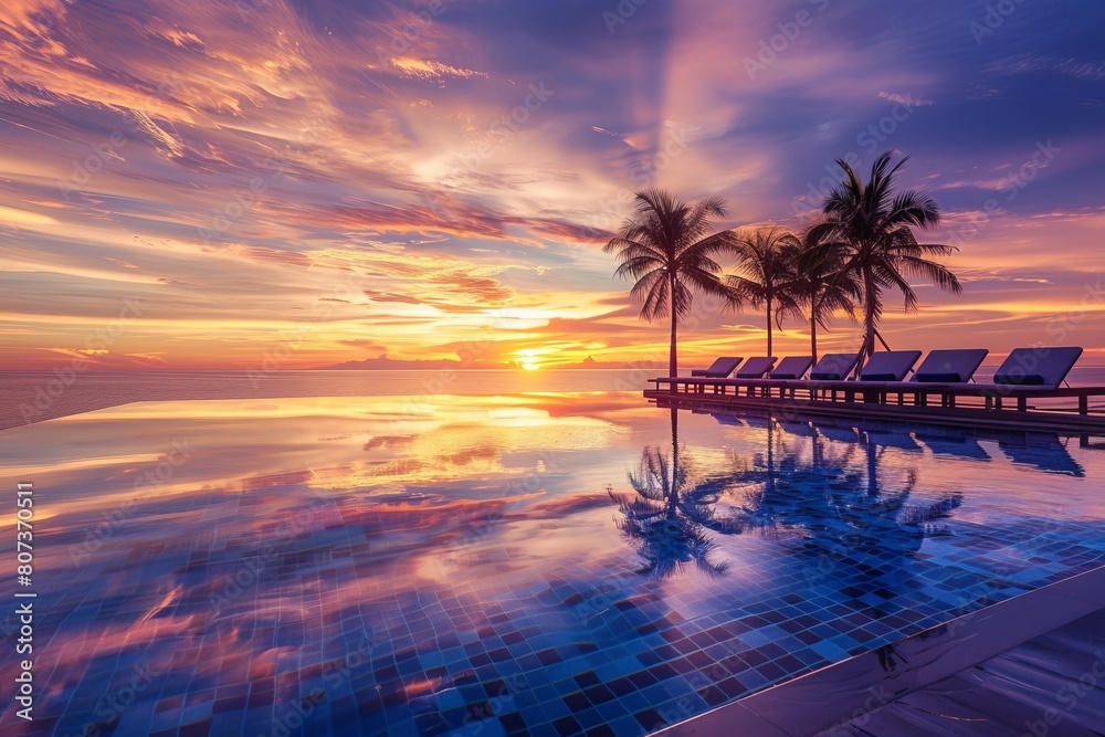Infinity pool with beach benches at sunset and palm tree, leisure , vacation, traveling