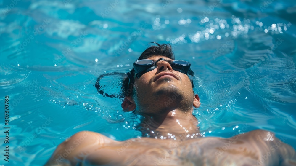 A man swims in a pool wearing goggles, moving through the water with efficient strokes.