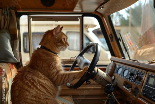Chat au volant qui conduit une voiture, camion, camping car