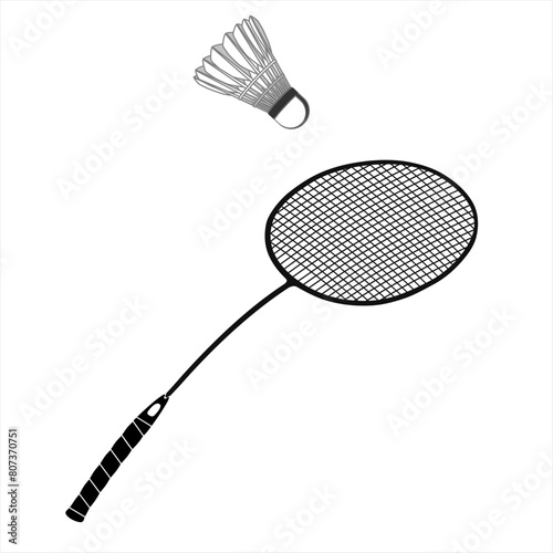 Flat black badminton racket and shuttlecock isolated on white background. Flat linear icon for sports apps and websites. Equipment for racket sports. Vector illustration. EPS 10.