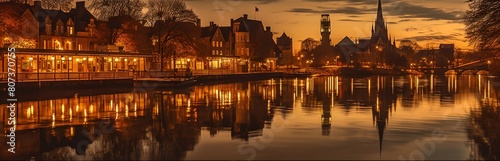 a city with a river and a bridge at night time