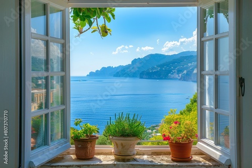 Scenic open window view of the Mediterranean Sea from a room, wanderlust, traveling, traveler 