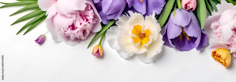 Summer floral banner with peony and tulips. Purple, white, pink spring flowers on white background, copy space, view from above, flat lay. garden wedding romance concept Summer floral banner with peony and tulips. Purple, white, pink spring flowers on white background, copy space, view from above, flat lay. garden wedding romance concept