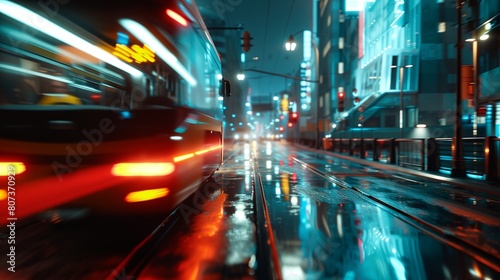 a city street at night with a car driving down the street © progressman