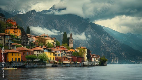 a village on a mountain side with a lake in front of it and a mountain in the background with clouds.. photo