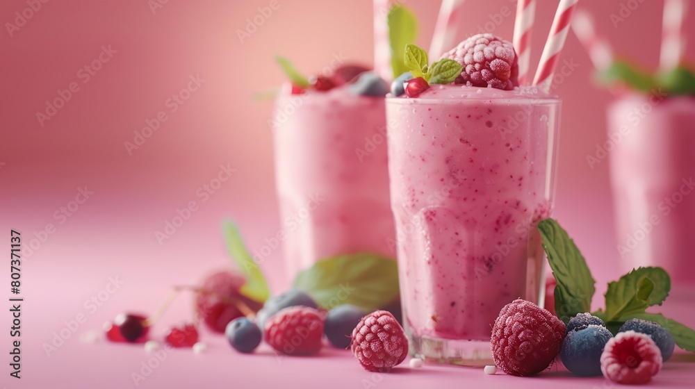 a pink smoothie with berries and mint a pink smoothie with berries and mint