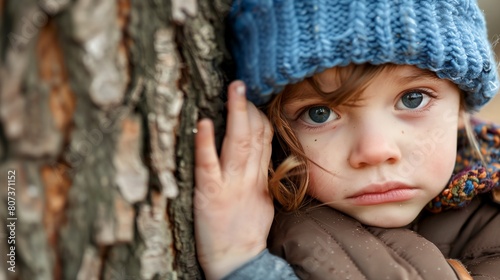 a little girl is leaning against a tree © progressman