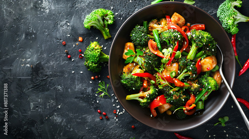 Bowl of Stir Fry With Broccoli and Red Peppers