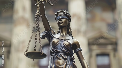 a statue of lady justice holding a scale and a sword in her hand with a building in the background..