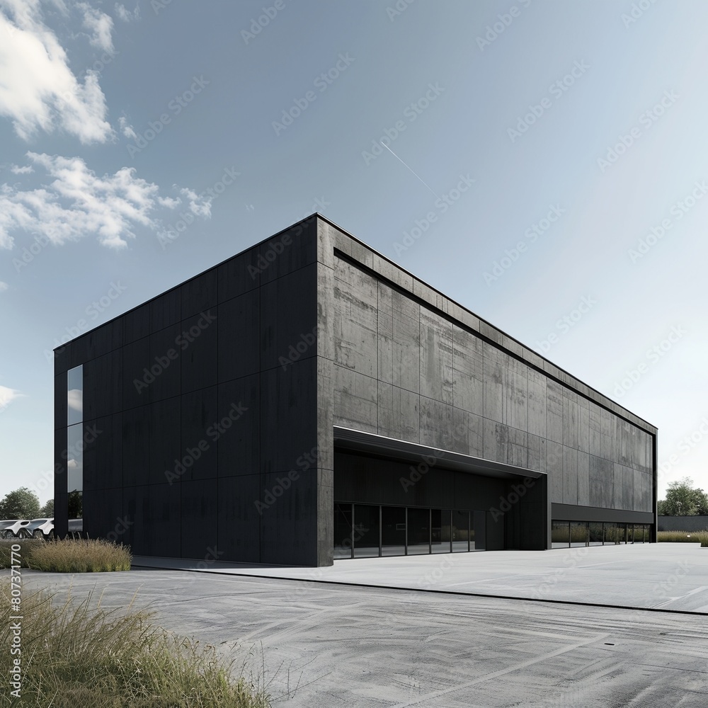 a large building with a parking lot in front of it and a sky background