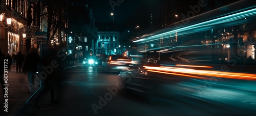 a city street at night with cars and people walking on the sidewalk and a bus on the street © progressman