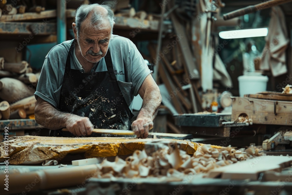 A man working on a piece of wood in a woodworking shop. Ideal for carpentry or DIY projects