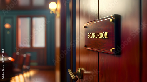 Closeup of a sign on the door of a boardroom in a corporate business settting