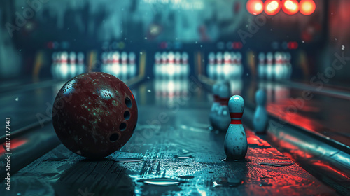 Bowling ball and skittles on a dark background photo
