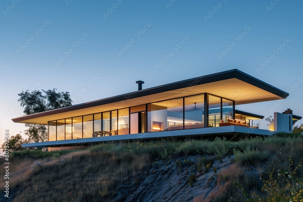 Sleek and modern home design perched atop a hill, with expansive glass walls offering panoramic views Sleek and modern home design perched atop a hill, with expansive glass walls offering panoramic views