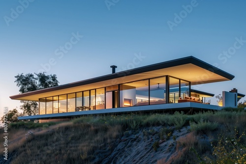 Sleek and modern home design perched atop a hill, with expansive glass walls offering panoramic views