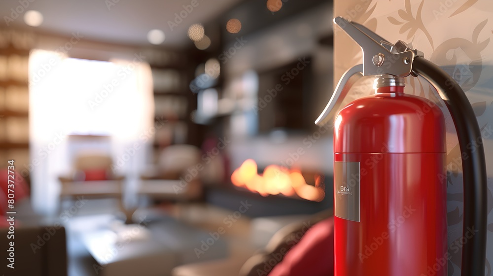 Bright red fire extinguisher in a modern living room setting. Safety equipment incorporated in home interior design. Essential fire safety tool. AI Bright red fire extinguisher in a modern living room setting. Safety equipment incorporated in home interior design. Essential fire safety tool. AI