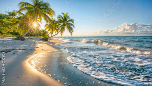 Tropical beach with palm trees and blue sky sunset. paradise with turquoise sea, idyllic sand coast, and exotic coconut. Scenic seascape relaxation and travel in calm nature.