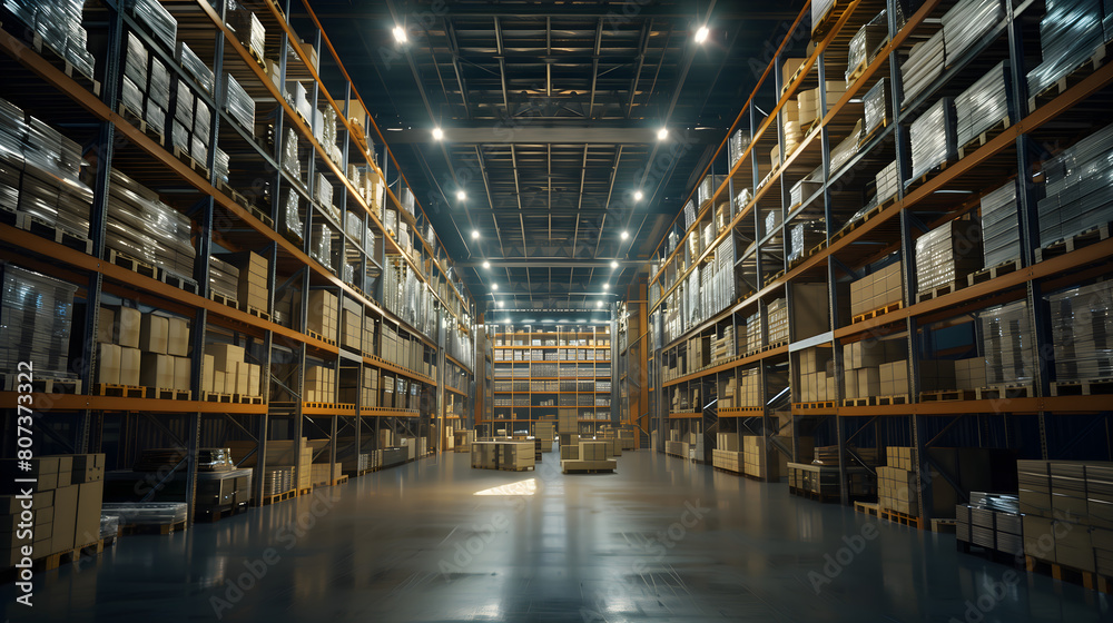 A wideangle view of an industrial warehouse with rows and rows of pallets filled with boxes