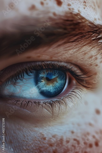 Detailed close up of a person's eye with freckles, suitable for medical and beauty concepts