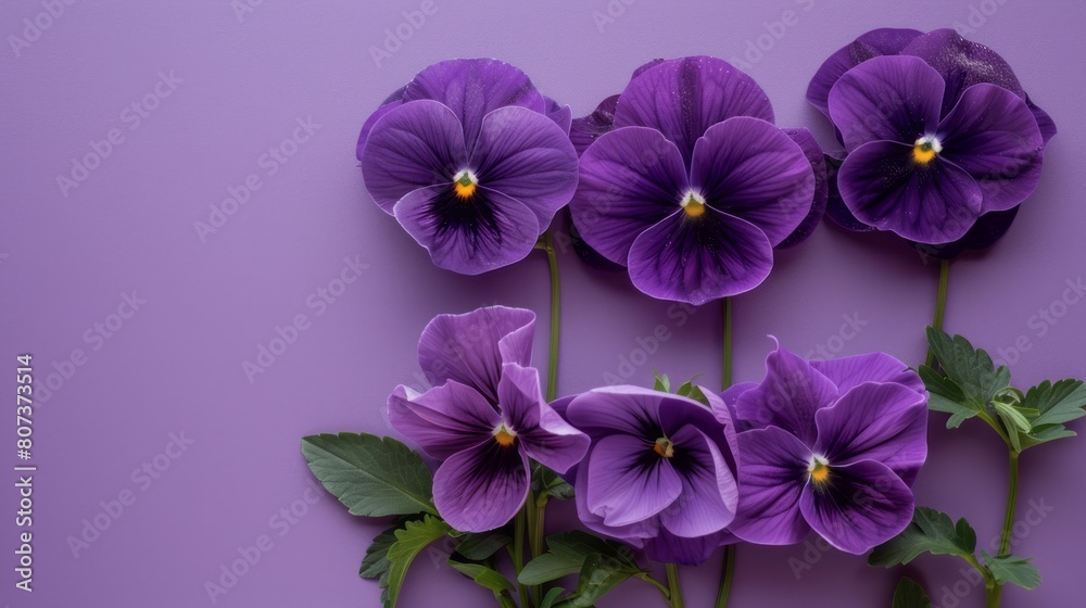 Purple pansies arrangement on monochromatic purple background, flat lay top view floral composition.
