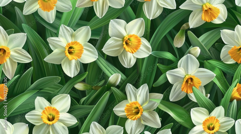 Fototapeta premium Beautiful white and yellow flowers with vibrant green leaves, perfect for various design projects