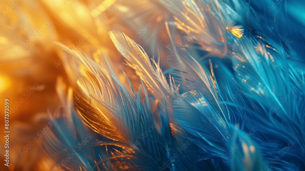 Fototapeta premium Soft and fluffy background, bird feathers, blue and gold feathers.