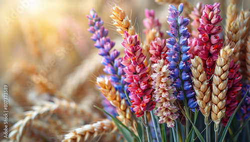 Colorful lupine flowers wheat field. Blooming lupin in spring, vibrant flora in meadow. Freshness nature in dusk. Wild rural ecosystem. Sparkling light sunrise grassland. photo