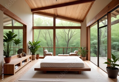 A minimalist and cozy bedroom with a wooden platform bed  natural decor elements like plants and branches  and a large window providing natural light