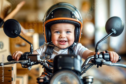 A baby is sitting on a motorcycle with a helmet on © Констянтин Батыльчук