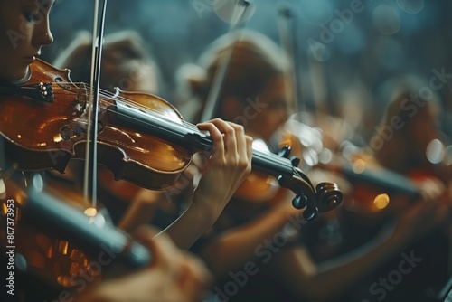 Professional symphonic orchestra performing classical music concert with talented musicians photo