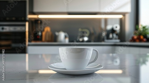 Kitchen Ambiance: The white cup and saucer set against the backdrop of a modern kitchen, showcasing sleek countertops, kitchen appliances, and a clean, contemporary aesthetic. Generative AI
