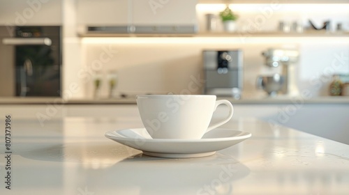 Kitchen Ambiance: The white cup and saucer set against the backdrop of a modern kitchen, showcasing sleek countertops, kitchen appliances, and a clean, contemporary aesthetic. Generative AI © Hokmiran