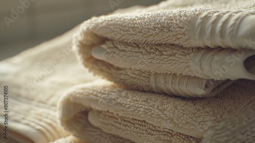 A stack of towels sitting on top of each other. Ideal for use in home decor or cleaning product advertisements