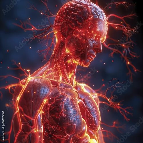 Abstract and Educational Representation of Human Cardiovascular System with Detailed Heart and Dynamic Effects. photo
