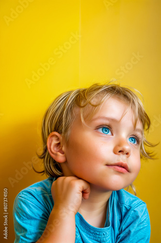 A young boy with blonde hair and blue eyes is looking at the camera