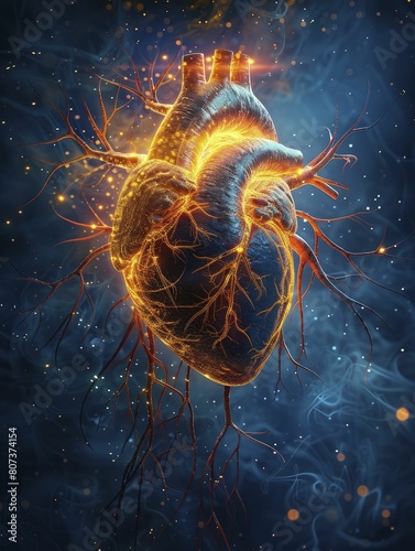 Explore a mesmerizing portrayal of the human cardiovascular system  featuring an intricate heart and luminous veins for educational use.