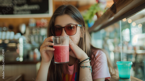Garota tomando uma bebida rosa no café - wallpaper HD