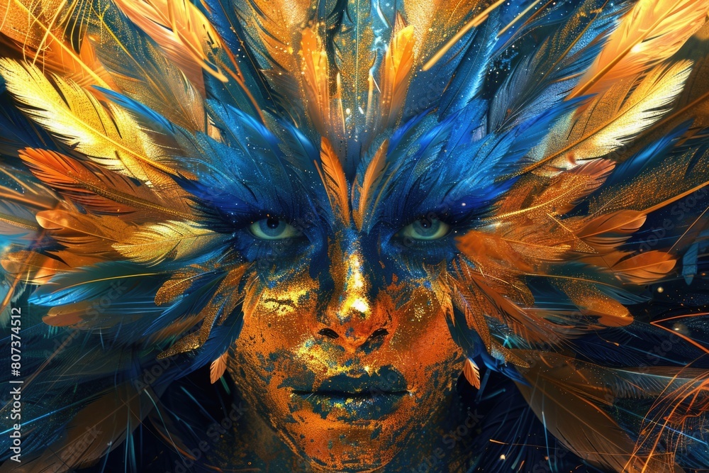 Obraz premium A painting of a woman wearing feathers on her head. Suitable for artistic projects