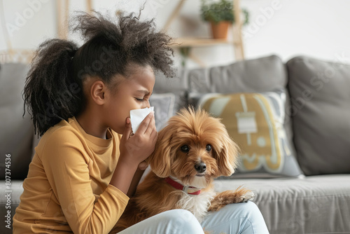 Allergic Reaction To Fur. Sick black girl sneezing and sniffle holding paper tissue. Ill kid having rhinitis suffering from running nose caused by her pet dog, sitting on sofa