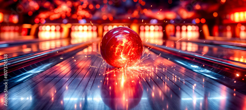 A bowling ball is rolling down a bowling lane with sparks flying off of it