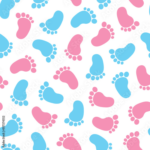 Baby boy and girl footprints seamless pattern, perfect for baby shower party. Background with blue and pink newborn feet. Vector illustration.
