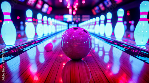 A bowling ball is on a bowling lane with a neon glow